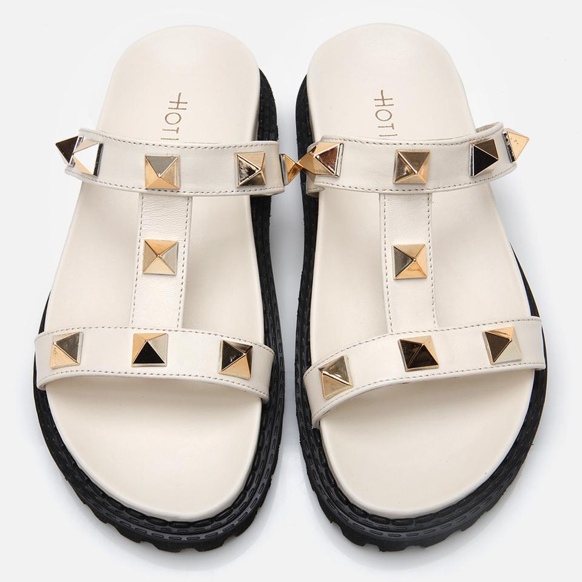 Kadın Deri Ekru Taşlı Terlik