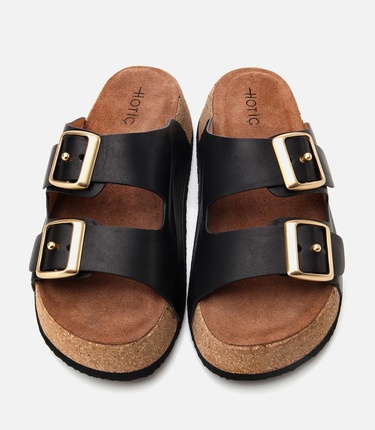  Kadın Deri Siyah Kemerli Yüksek Tabanlı Düz Terlik