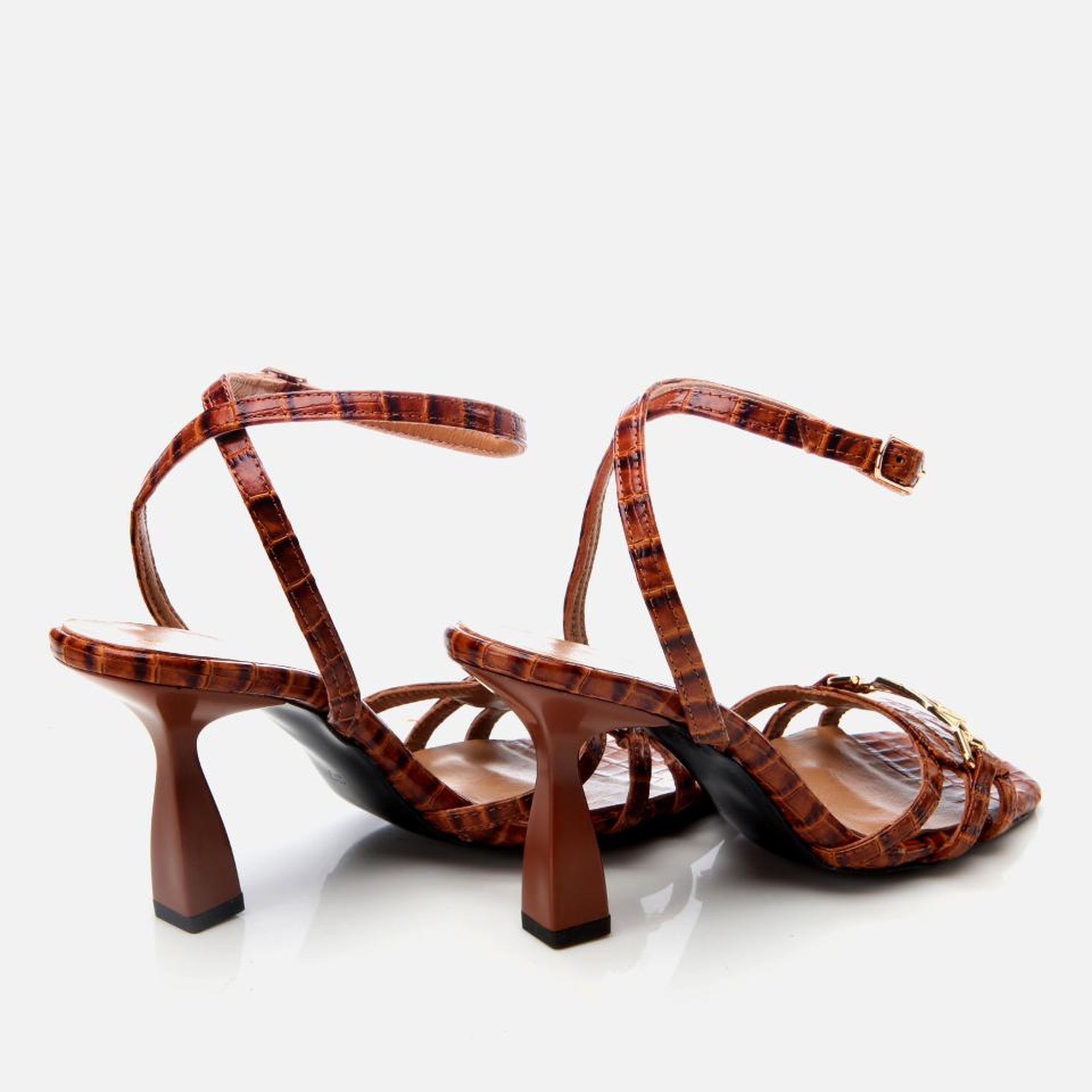 Kadın Deri Taba Kroko Desenli Topuklu Sandalet
