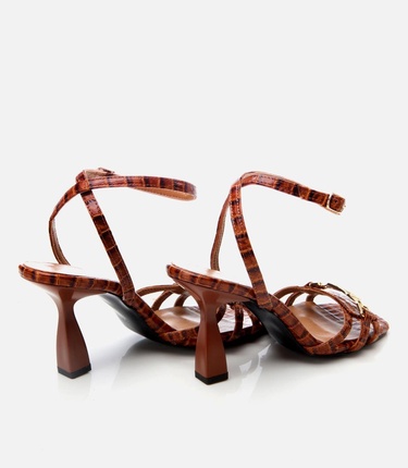  Kadın Deri Taba Kroko Desenli Topuklu Sandalet