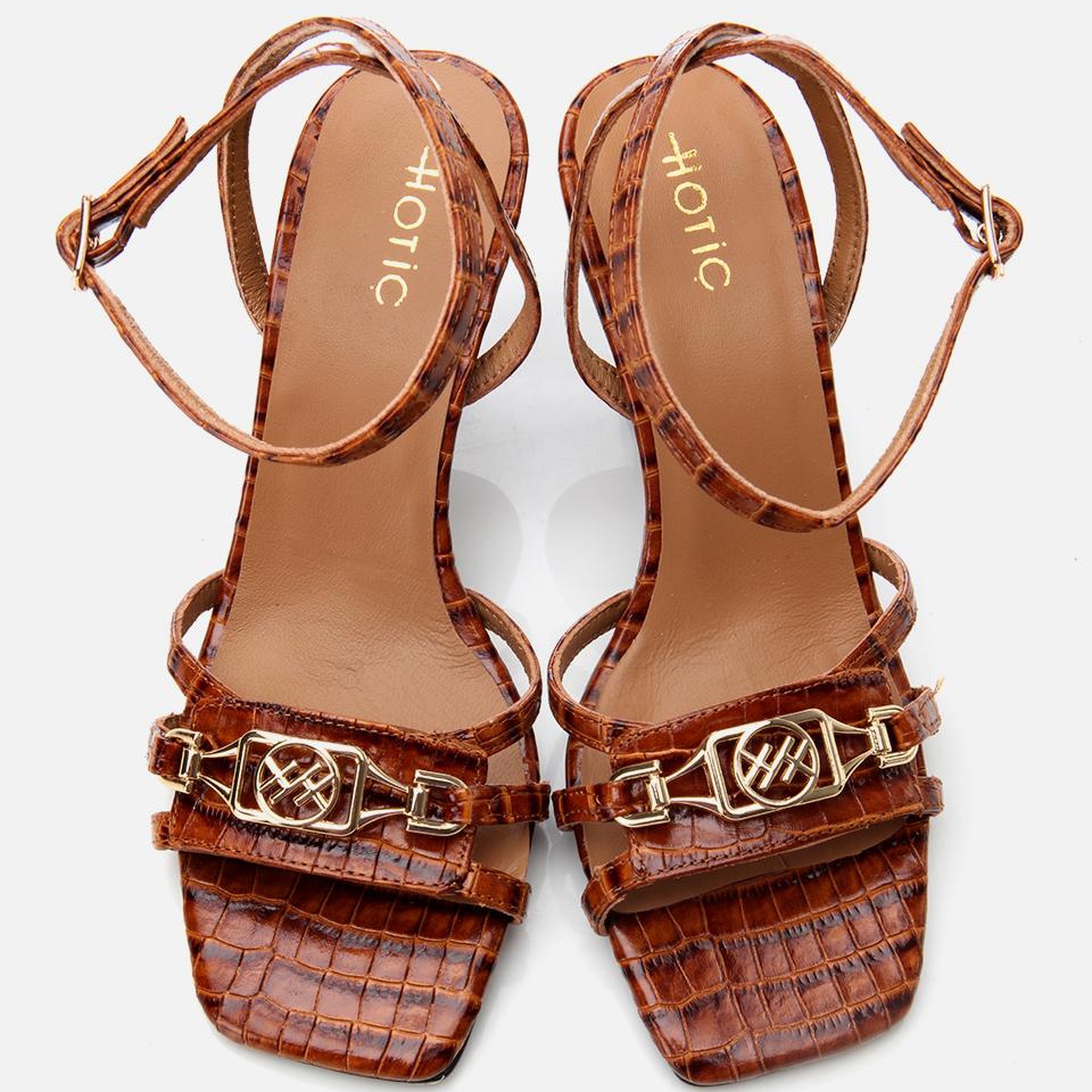 Kadın Deri Taba Kroko Desenli Topuklu Sandalet