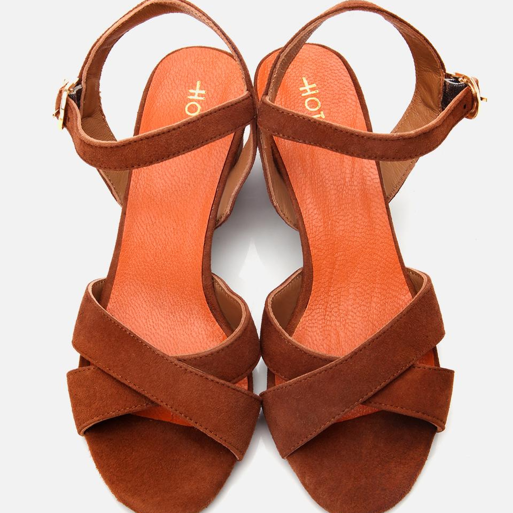 Kadın Süet Deri Taba Kemerli Kalın Topuklu Sandalet