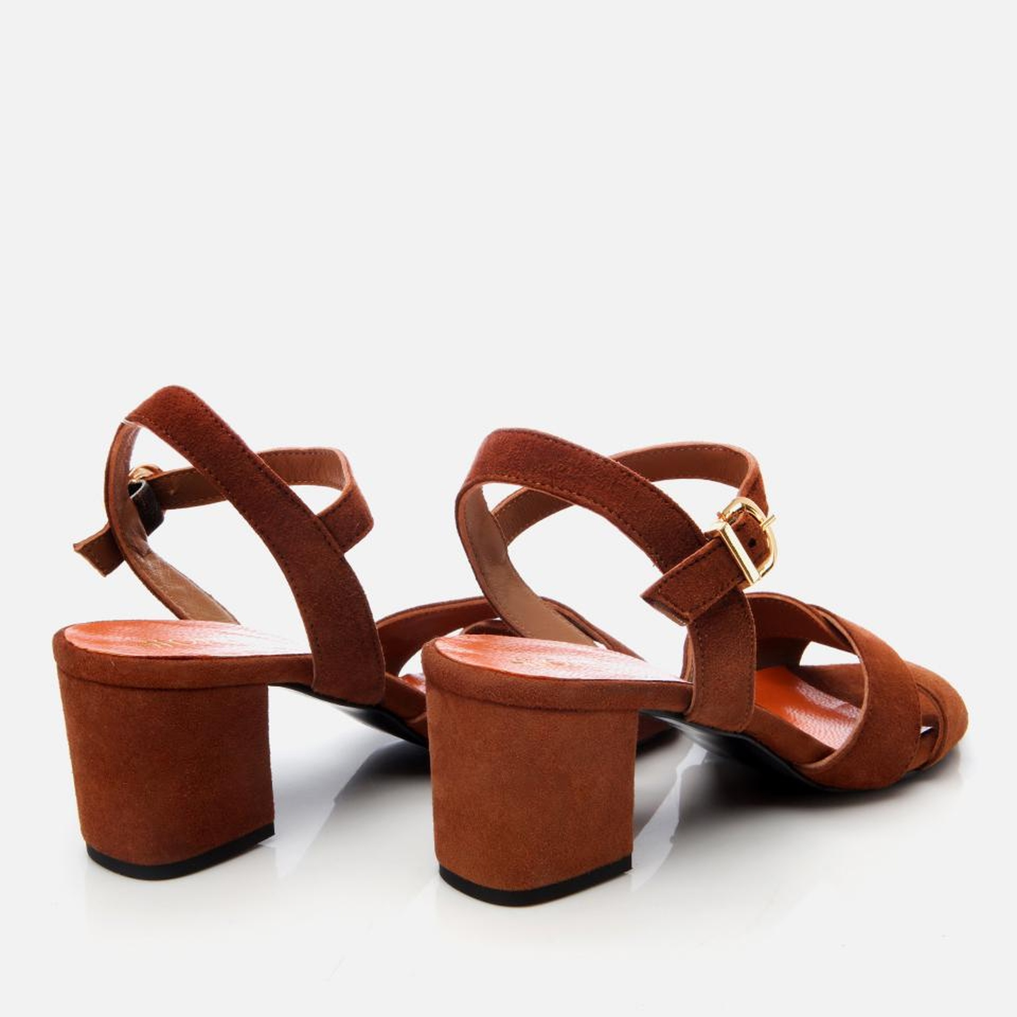 Kadın Süet Deri Taba Kemerli Kalın Topuklu Sandalet