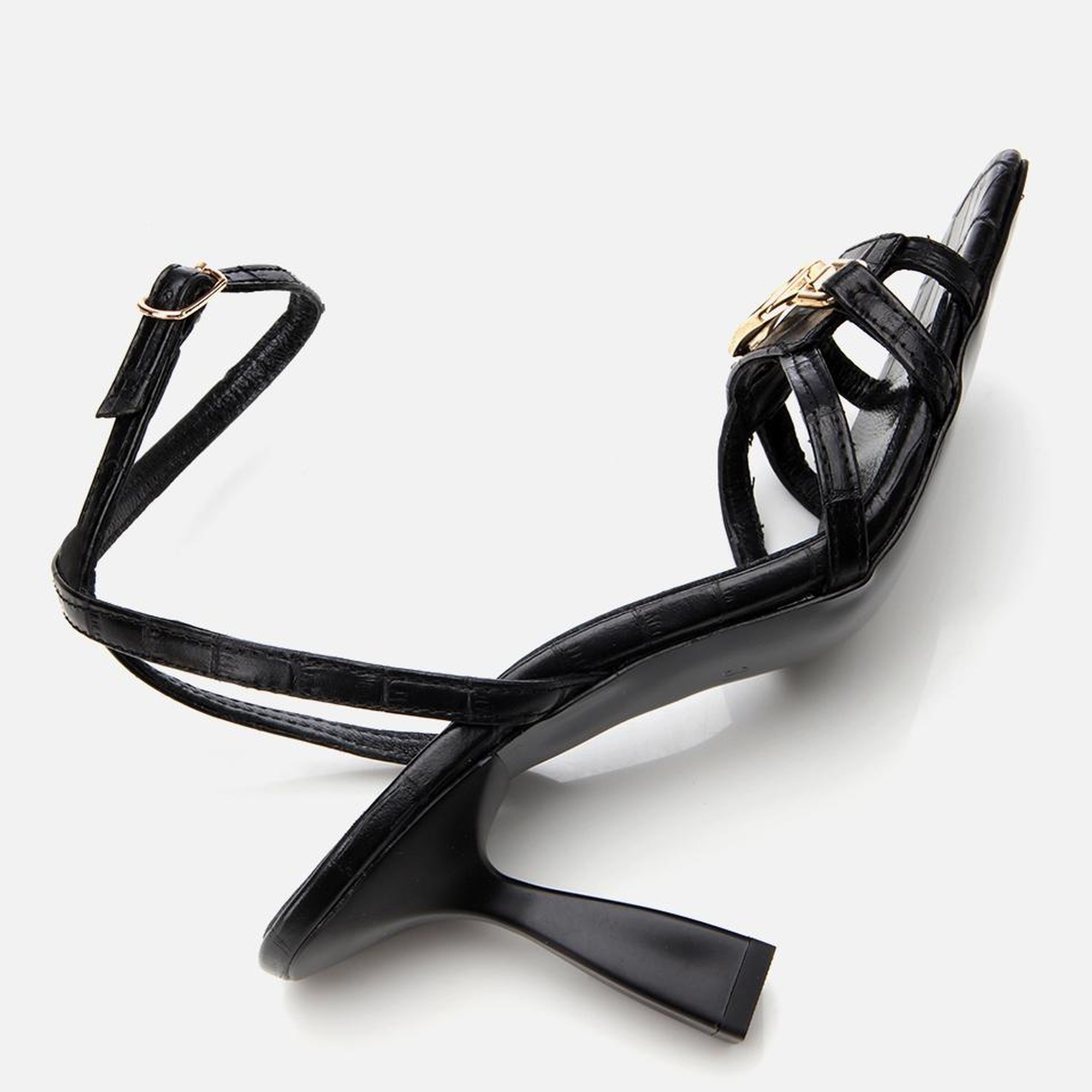 Kadın Deri Siyah Kroko Desenli Topuklu Sandalet