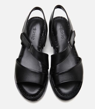  Kadın Deri Siyah Ayarlanabilir Rahat Topuklu Sandalet