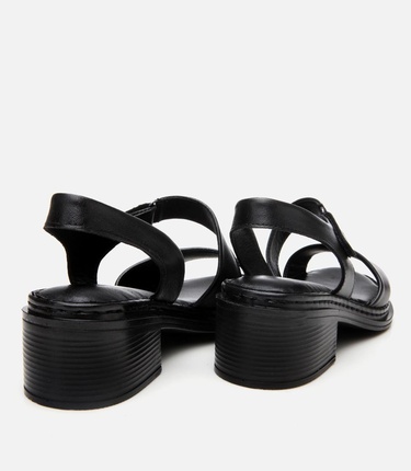  Kadın Deri Siyah Ayarlanabilir Rahat Topuklu Sandalet