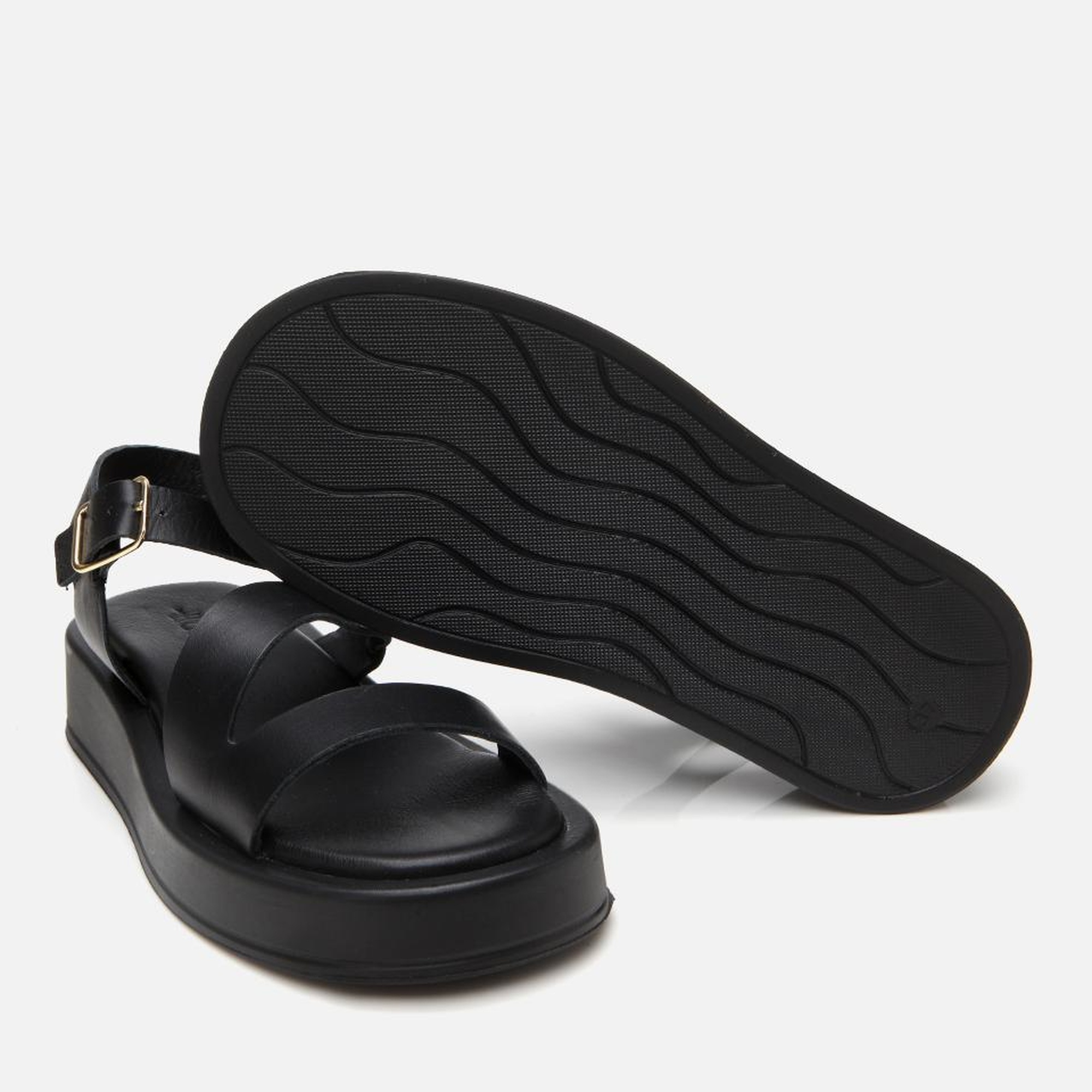 Kadın Deri Siyah Ayarlanabilir Düz Sandalet