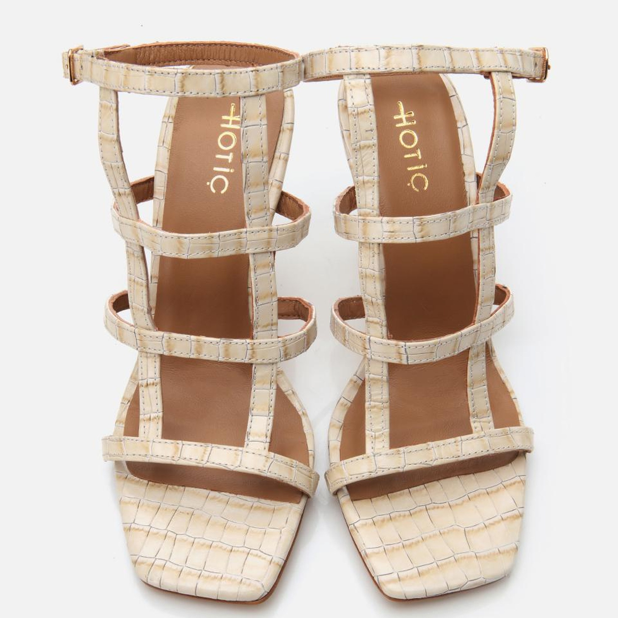 Kadın Deri Bej Kroko Desenli Topuklu Sandalet