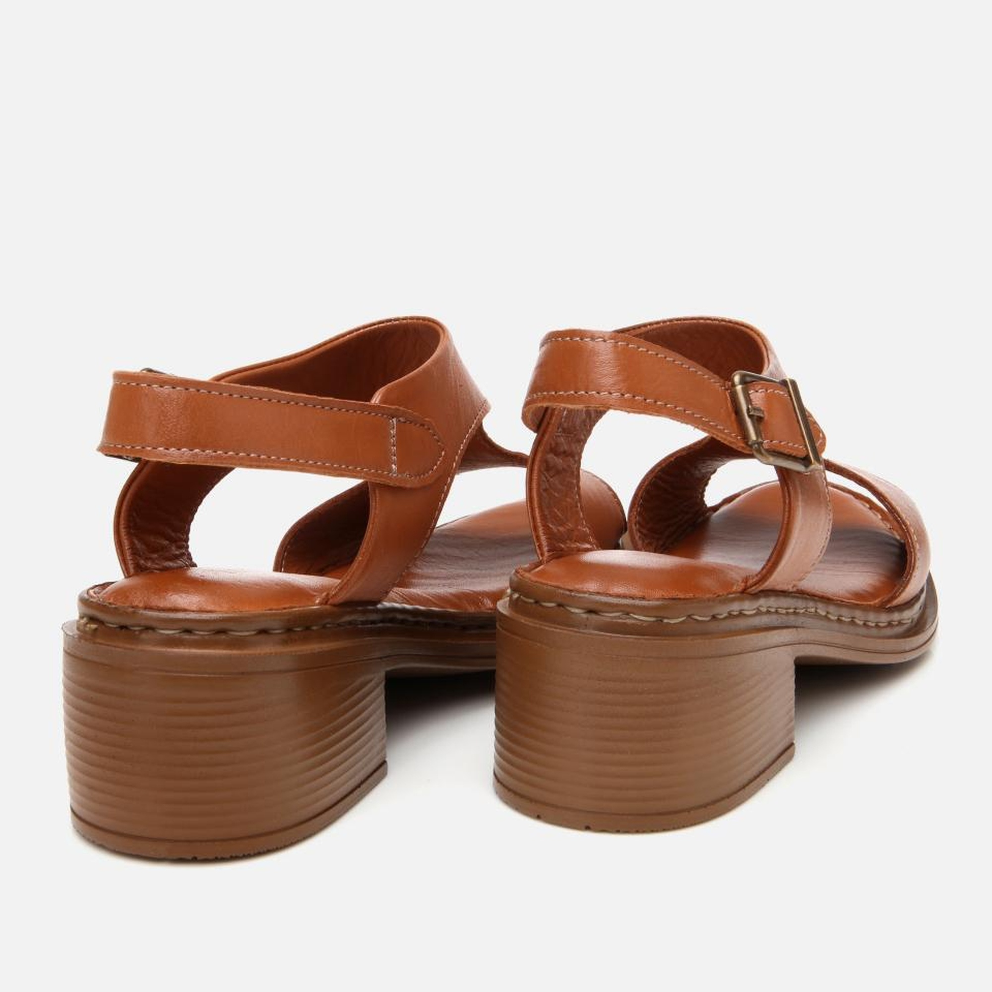 Kadın Deri Taba Kemerli Rahat Topuklu Sandalet