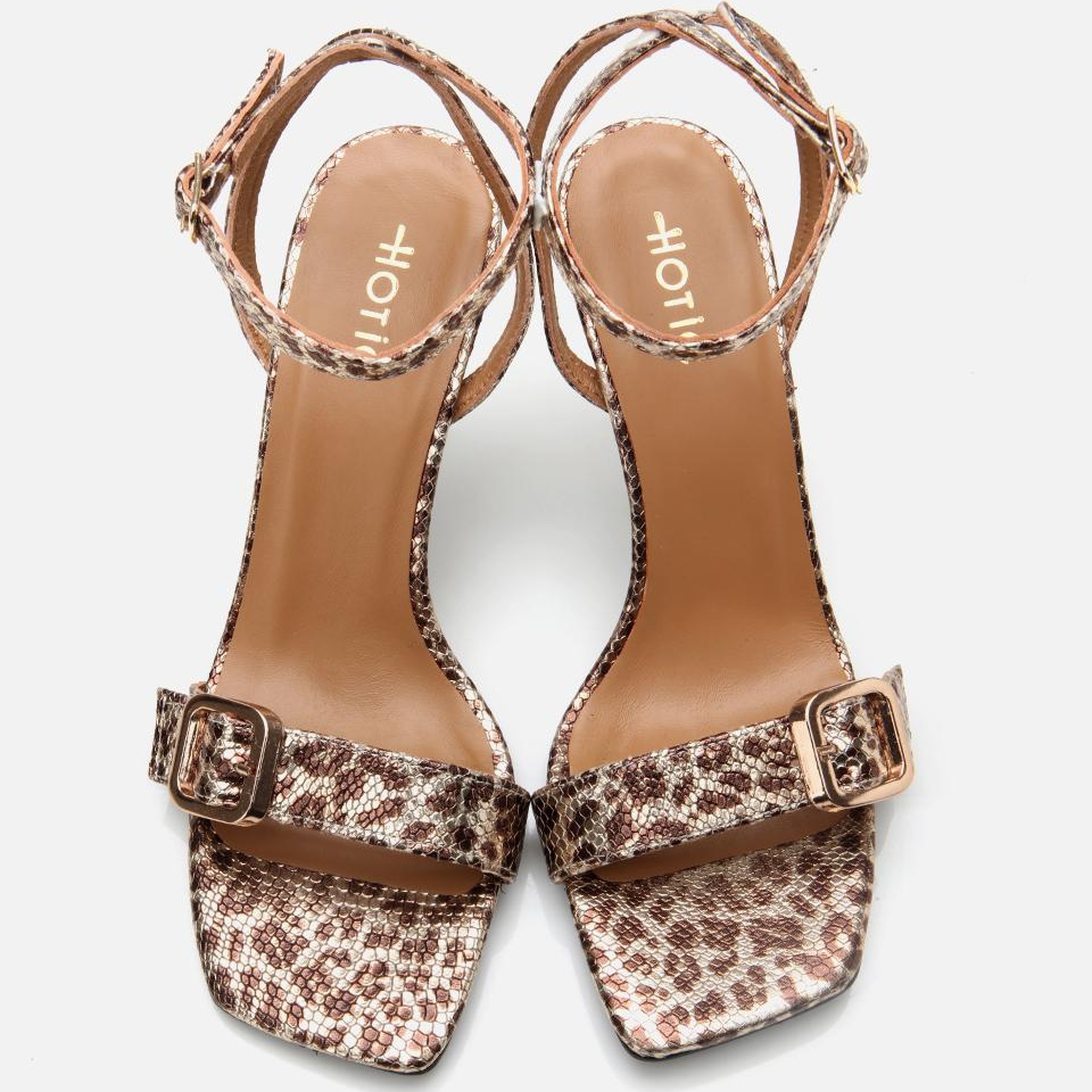 Kadın Deri Gold Leopar Desenli Kemerli Topuklu Sandalet