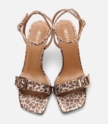  Kadın Deri Gold Leopar Desenli Kemerli Topuklu Sandalet