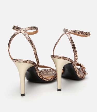  Kadın Deri Gold Leopar Desenli Kemerli Topuklu Sandalet