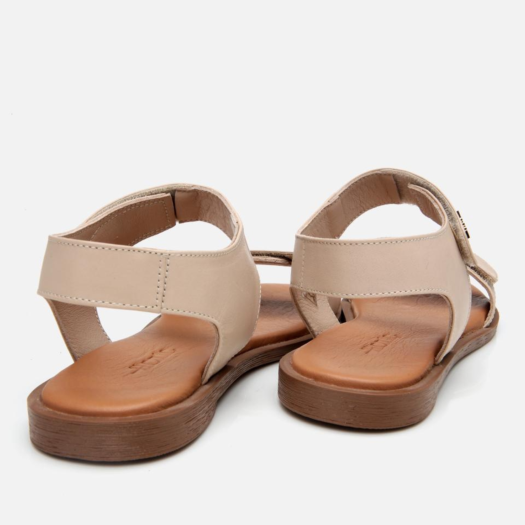 Kadın Deri Bej Ayarlanabilir Düz Sandalet