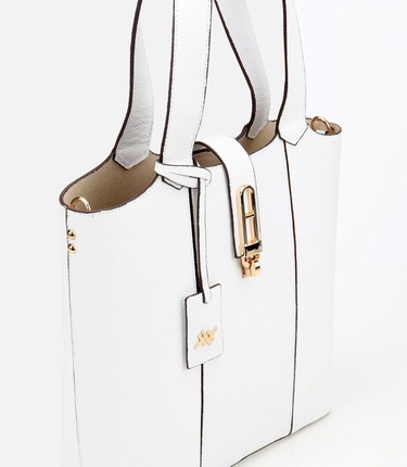  Kadın Deri Beyaz Kilit Detaylı Tote Çanta