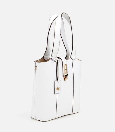  Kadın Deri Beyaz Kilit Detaylı Tote Çanta