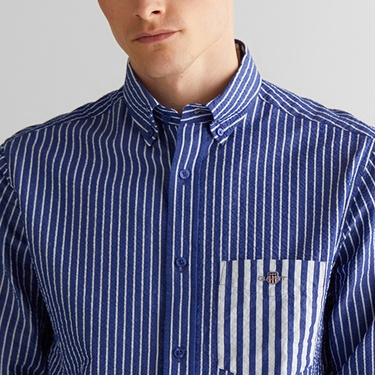  GANT Erkek Lacivert Düğmeli Yaka Çizgili Gömlek