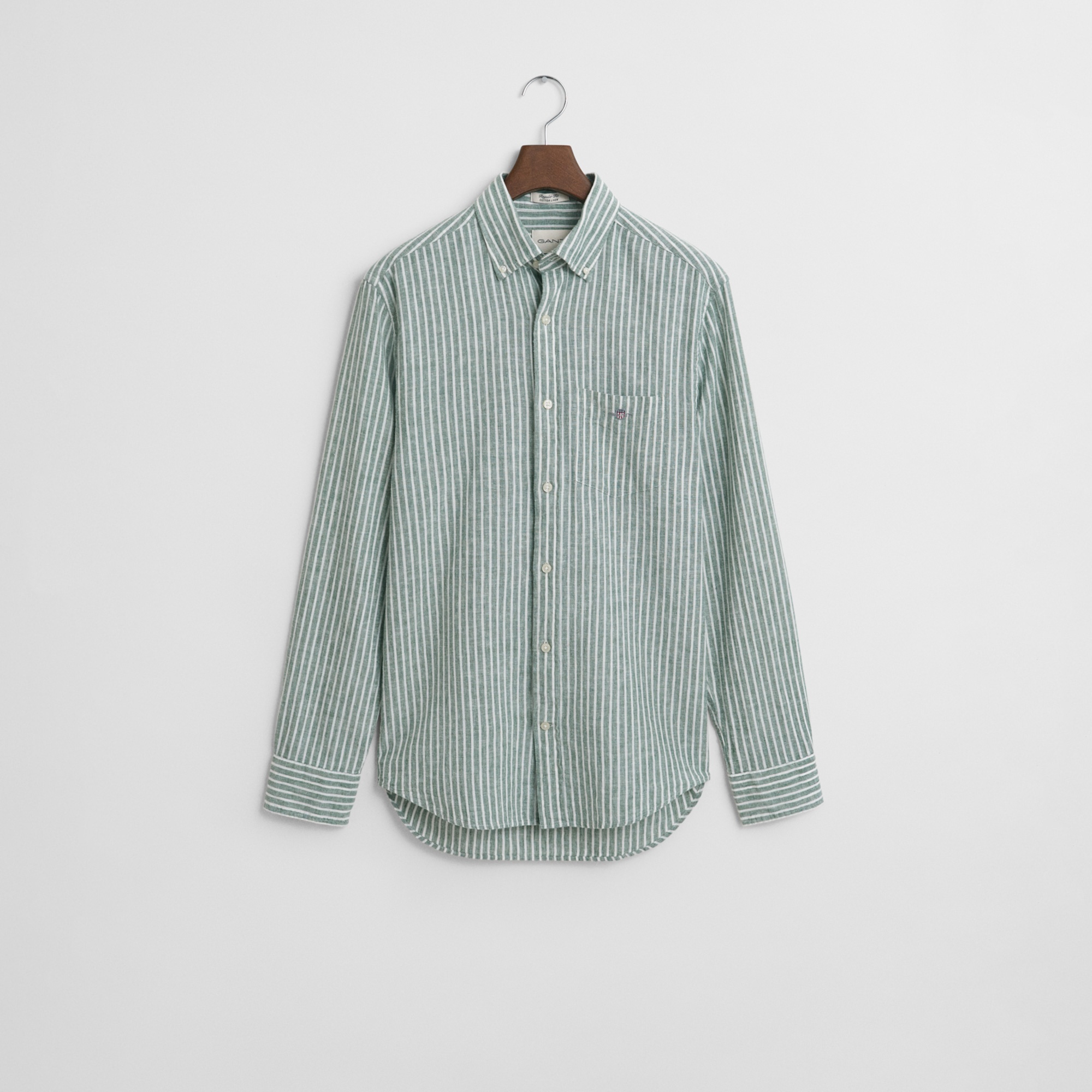 GANT Erkek Yeşil Regular Fit Düğmeli Yaka Çizgili Keten Gömlek