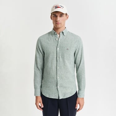  GANT Erkek Yeşil Regular Fit Düğmeli Yaka Çizgili Keten Gömlek