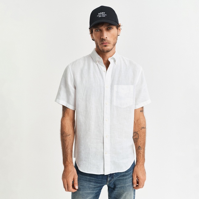  GANT Erkek Beyaz Regular Fit Düğmeli Yaka Keten Gömlek