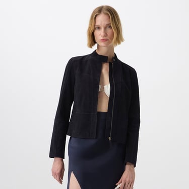  Chantoya Lacivert Kadın Biker Süet Deri Ceket