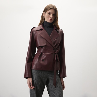  Amadika Bordo Kadın Deri Trençkot