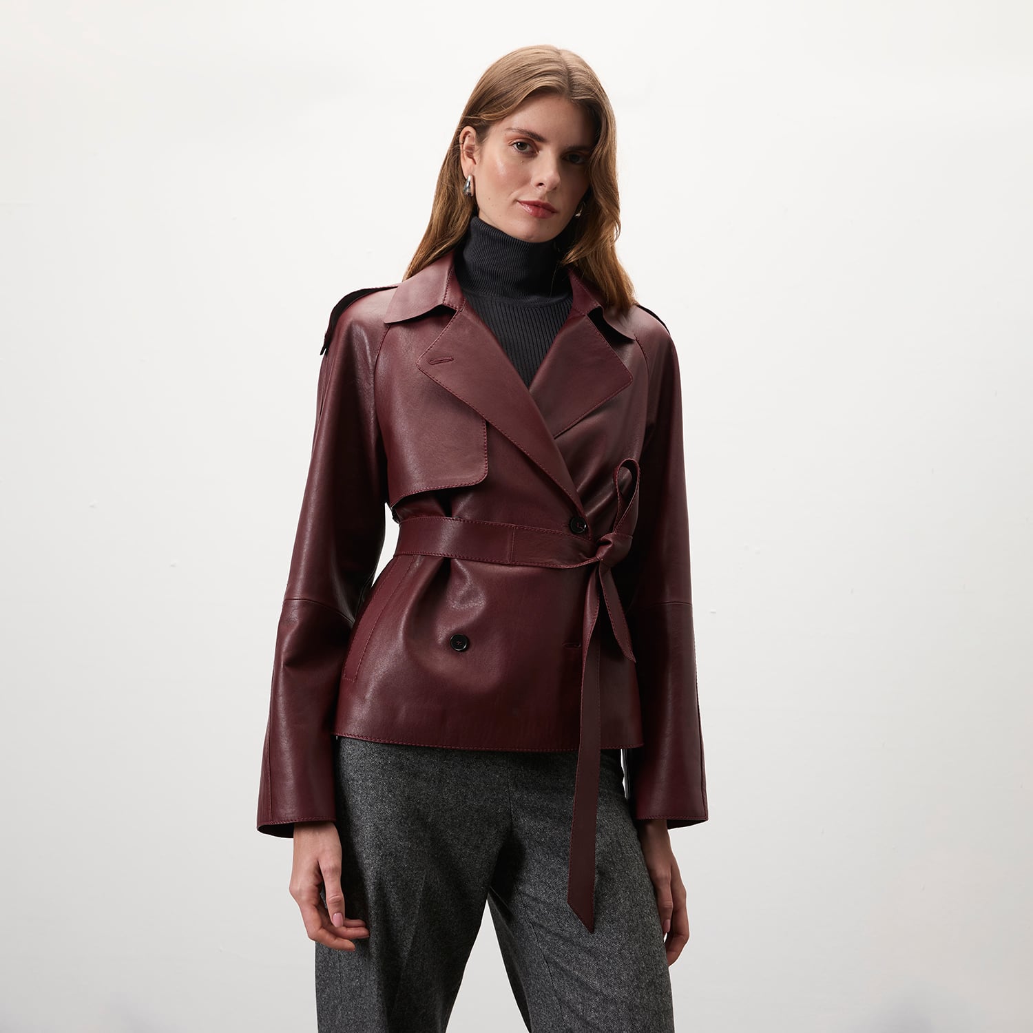  Amadika Bordo Kadın Deri Trençkot