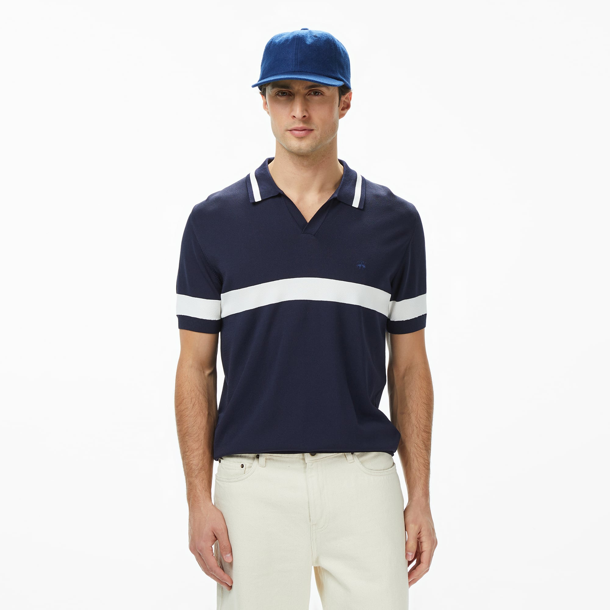  Brooks Brothers Polo Yaka Çizgi Detaylı Kısa Kol Rayon Erkek Lacivert Kazak