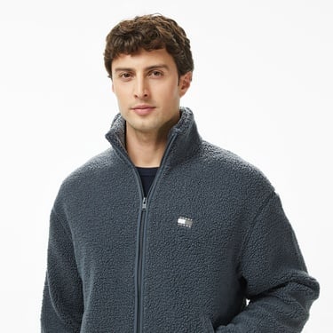  Tommy Jeans Relax Badge Erkek Gri Fermuarlı Sweatshirt