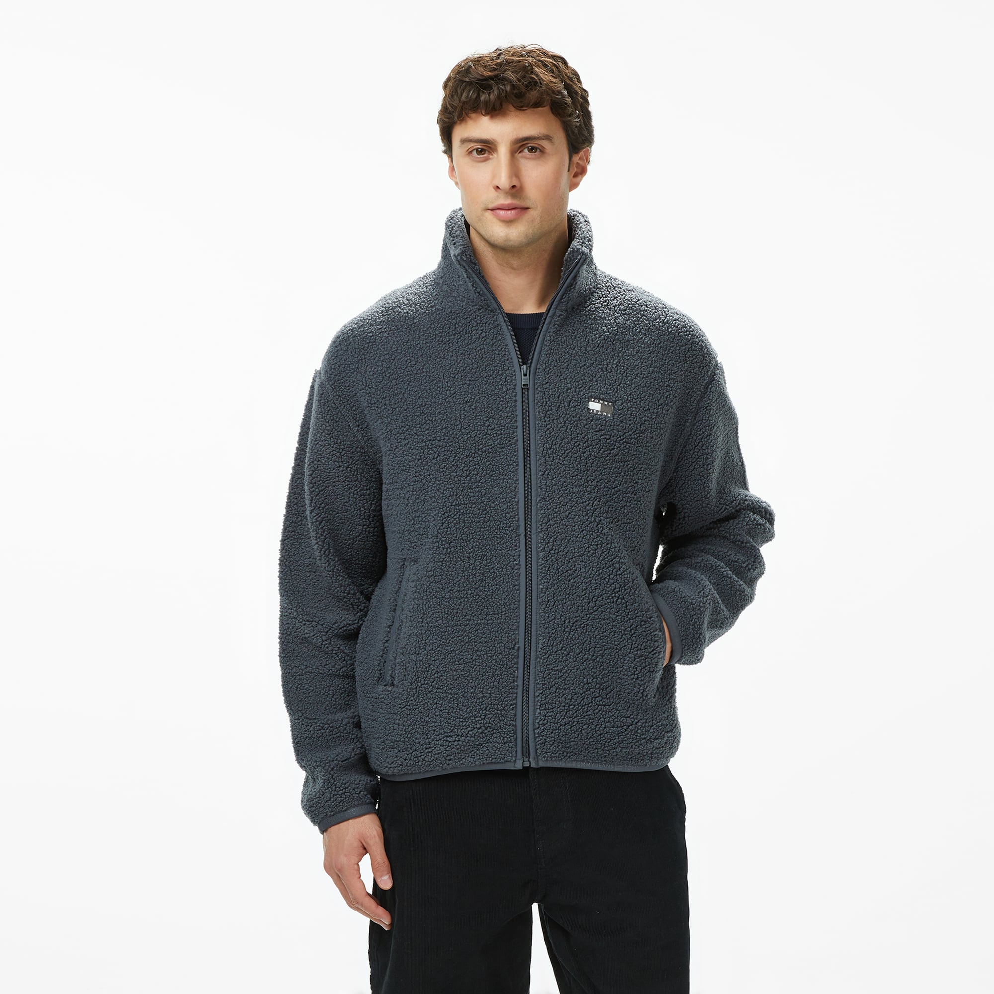  Tommy Jeans Relax Badge Erkek Gri Fermuarlı Sweatshirt