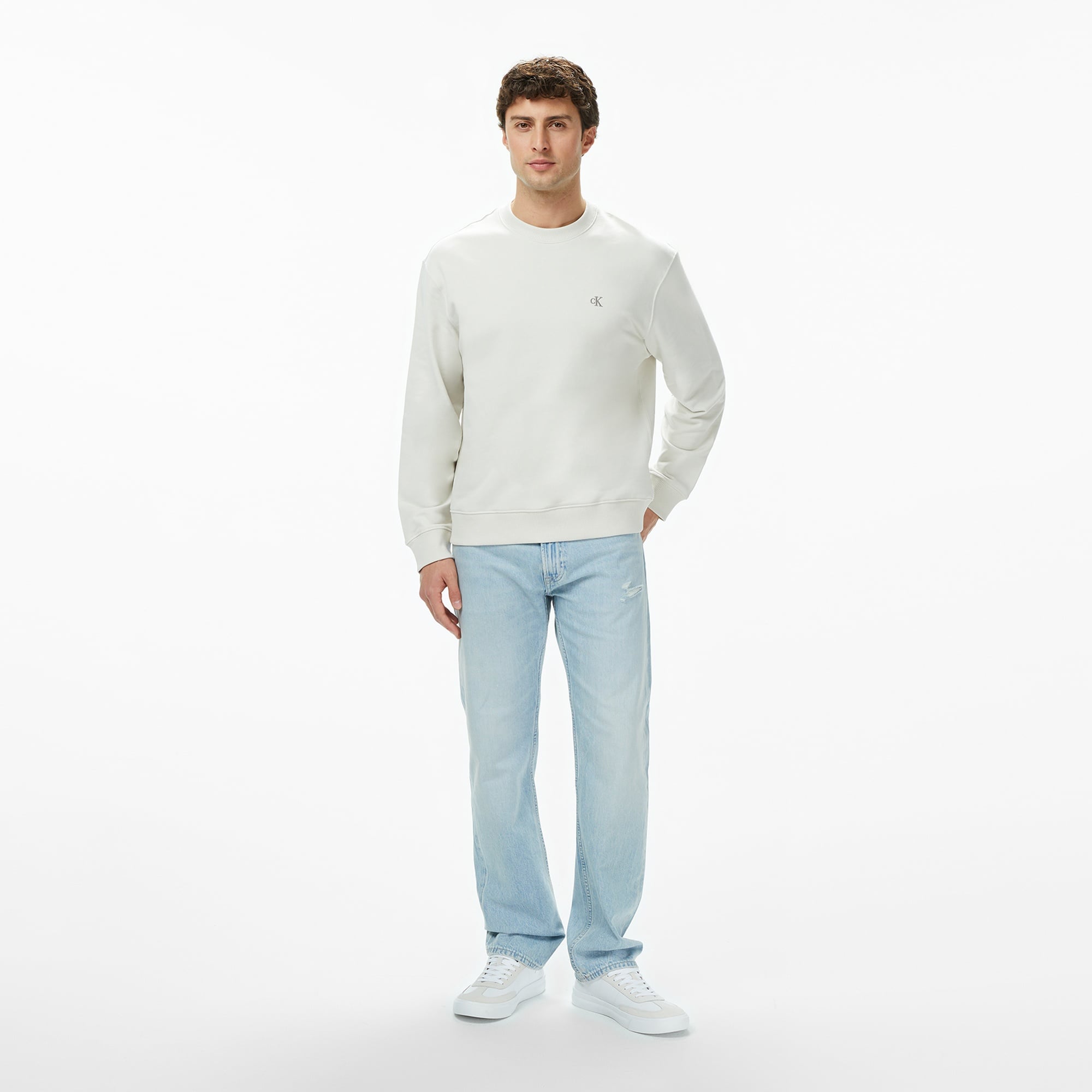 Calvin Klein Terry Monogram Erkek Beyaz Sweatshirt