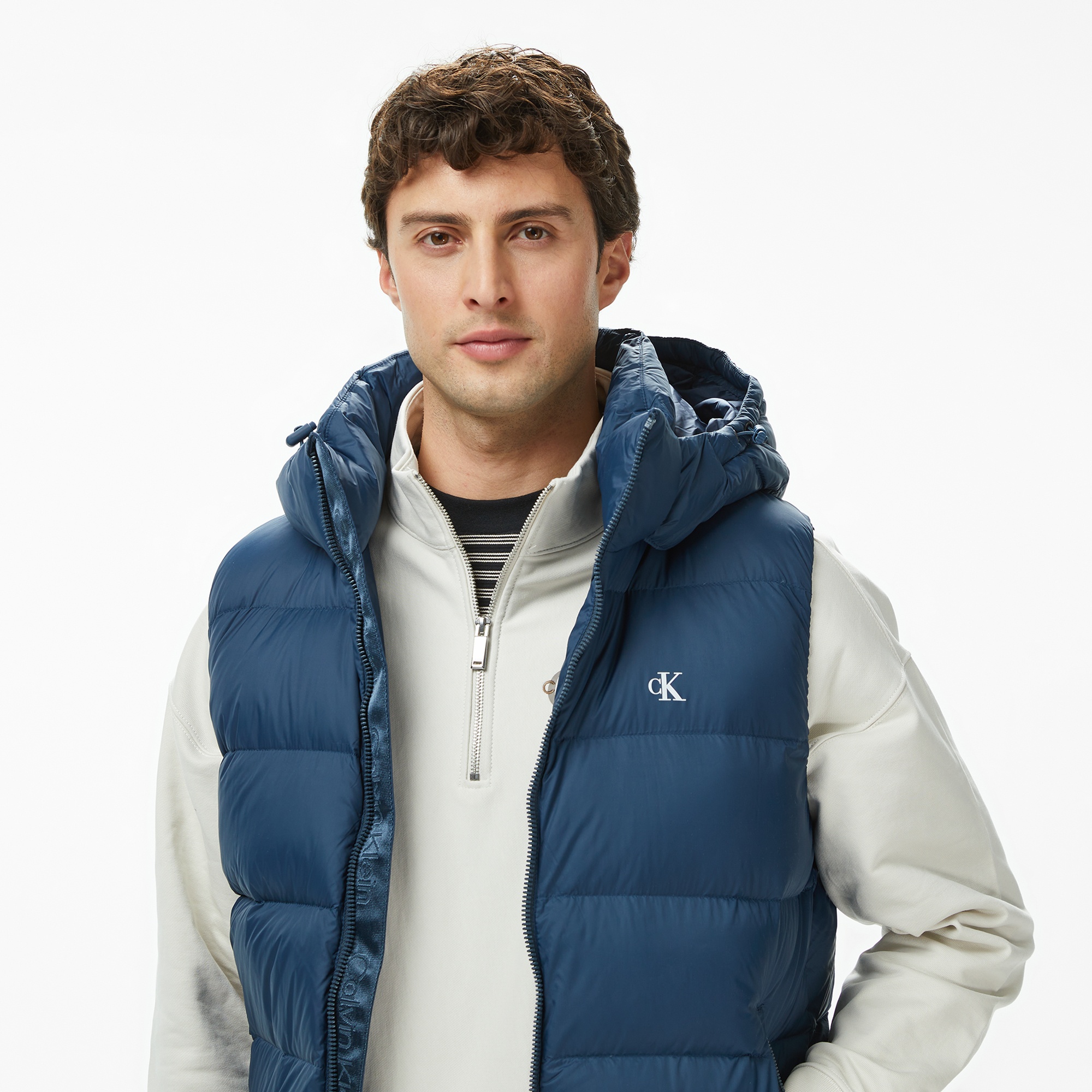 Calvin Klein Nylon Zip Off Hood Down Puf Erkek Mavi Yelek