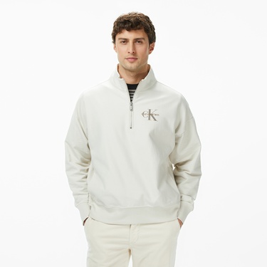  Calvin Klein Premium Terry Micro Monologo Erkek Beyaz Sweatshirt