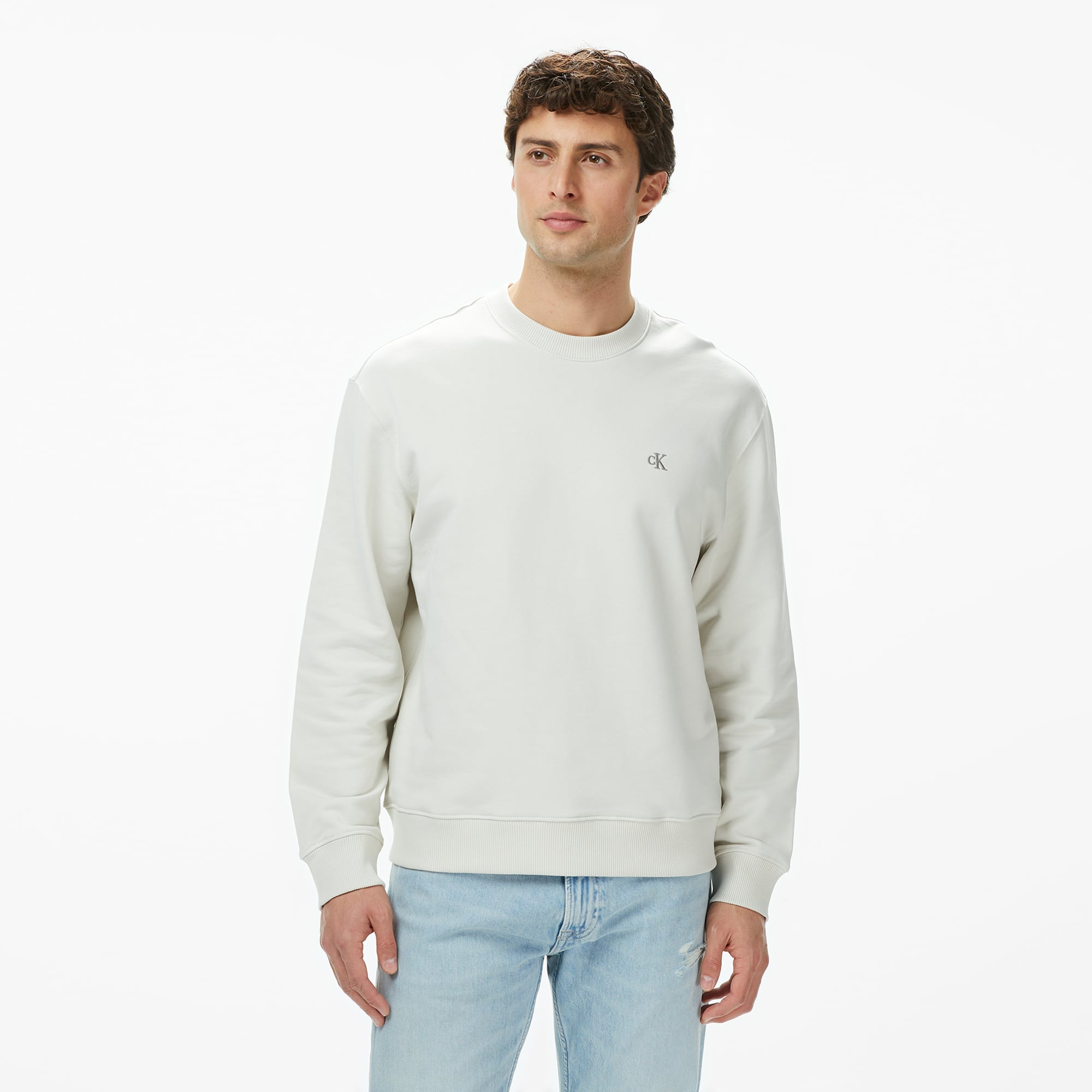  Calvin Klein Terry Monogram Erkek Beyaz Sweatshirt