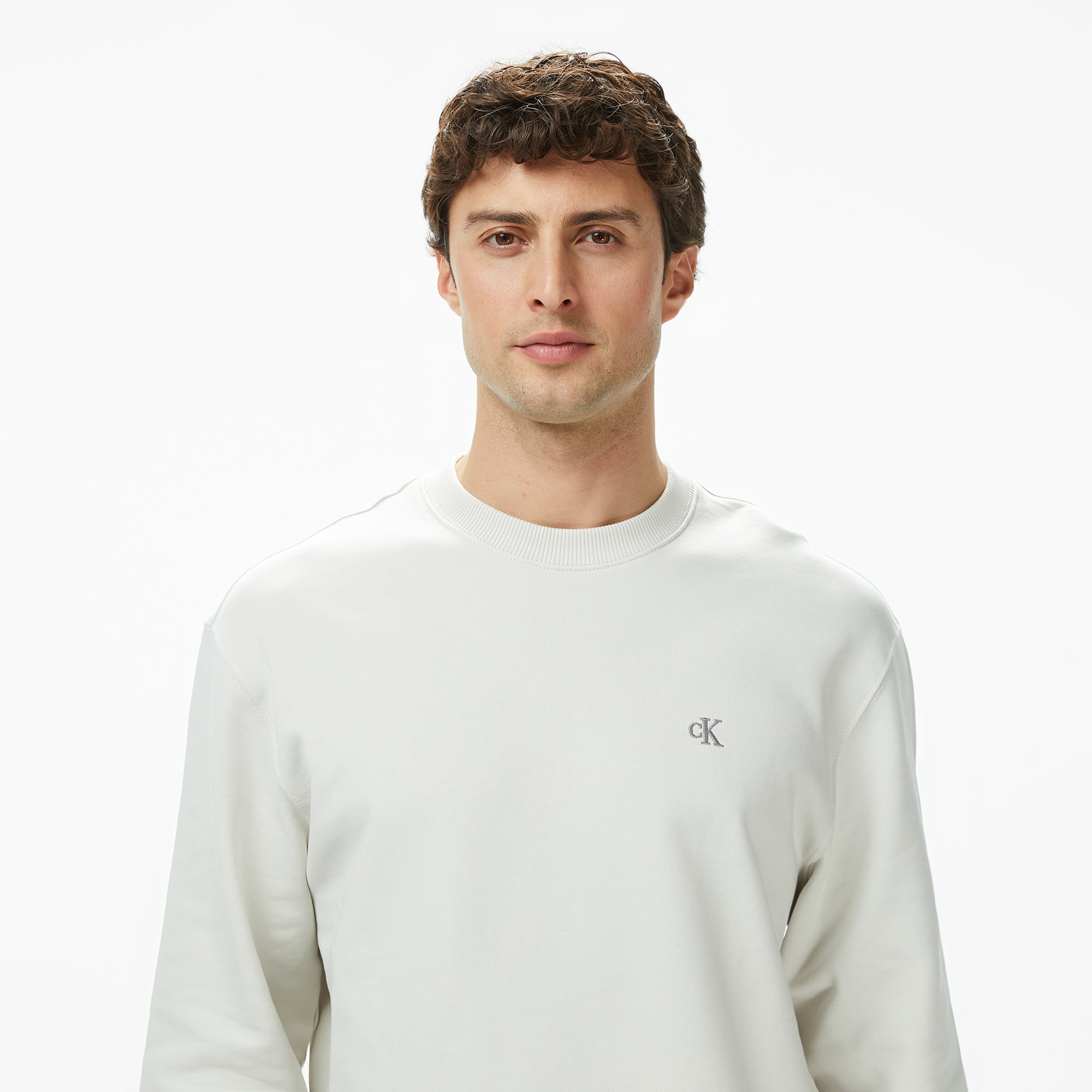 Calvin Klein Terry Monogram Erkek Beyaz Sweatshirt