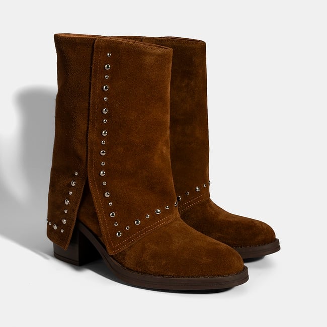  Kadın Taba Zımba Detaylı Kalın Topuklu Süet Bot