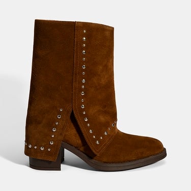  Kadın Taba Zımba Detaylı Kalın Topuklu Süet Bot