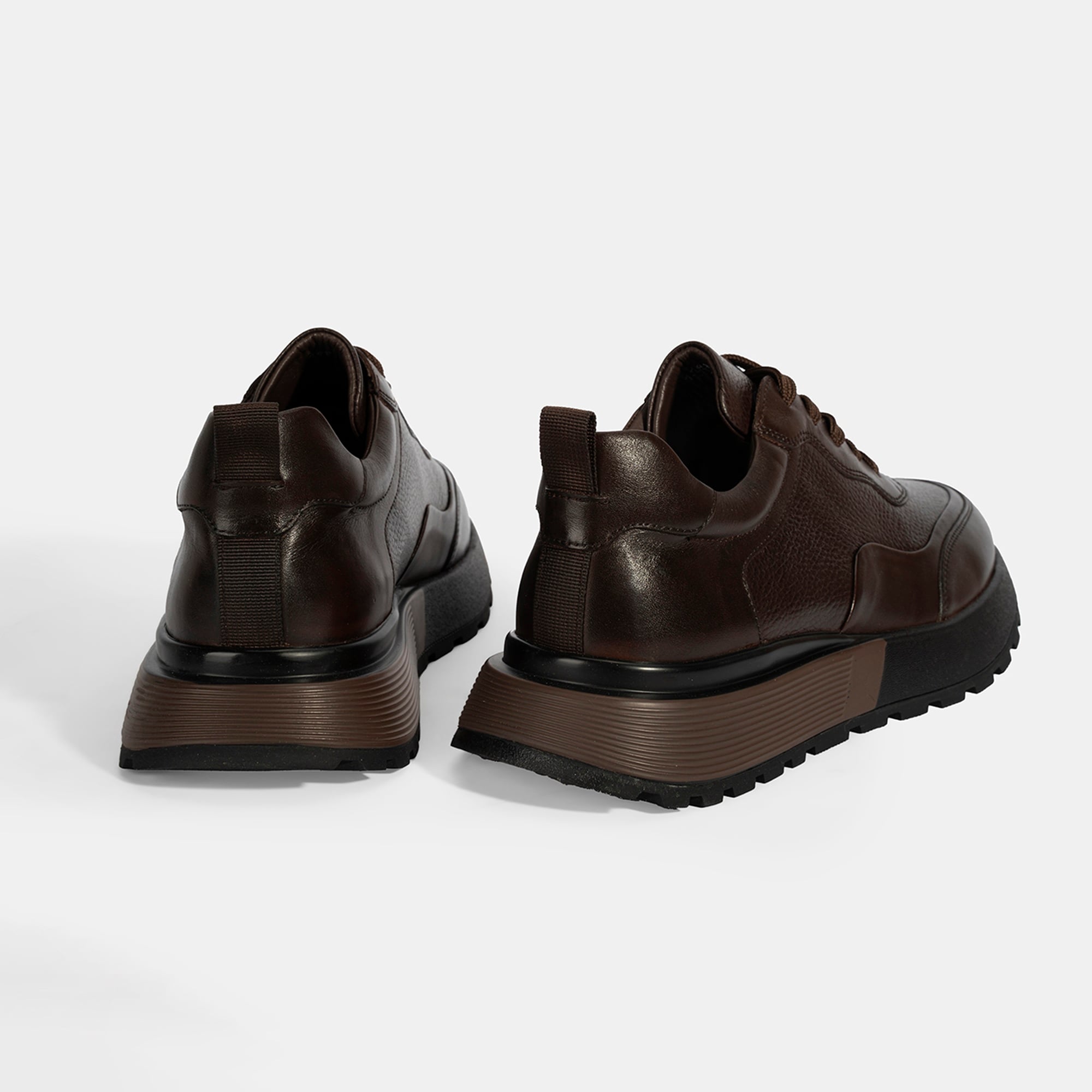 Erkek Kahve Bağcıklı Kalın Tabanlı Deri Sneaker