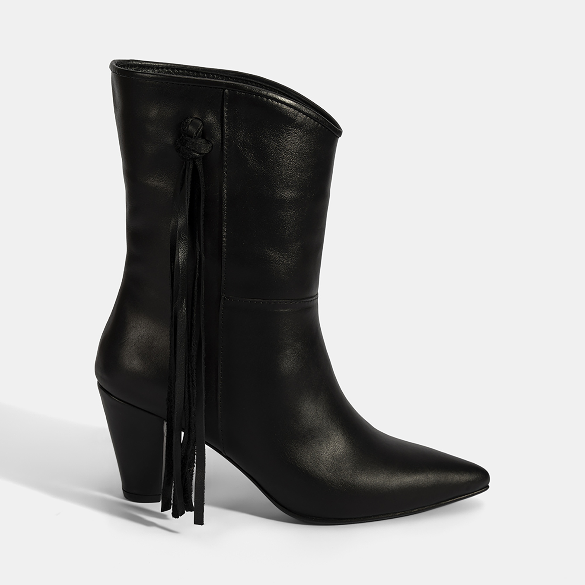 Kadın Siyah Püskül Detaylı Topuklu Deri Bot