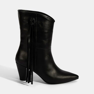  Kadın Siyah Püskül Detaylı Topuklu Deri Bot