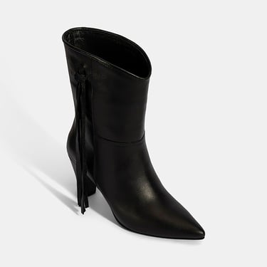  Kadın Siyah Püskül Detaylı Topuklu Deri Bot