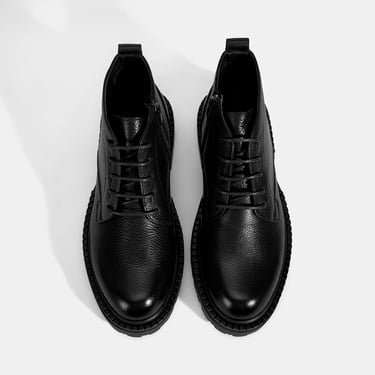  Erkek Siyah Bağcıklı Kalın Tabanlı Deri Postal Bot