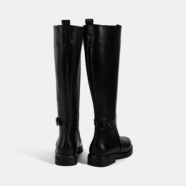  Kadın Siyah Metal Tokalı Kalın Topuklu Deri Çizme