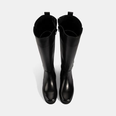  Kadın Siyah Metal Tokalı Kalın Topuklu Deri Çizme