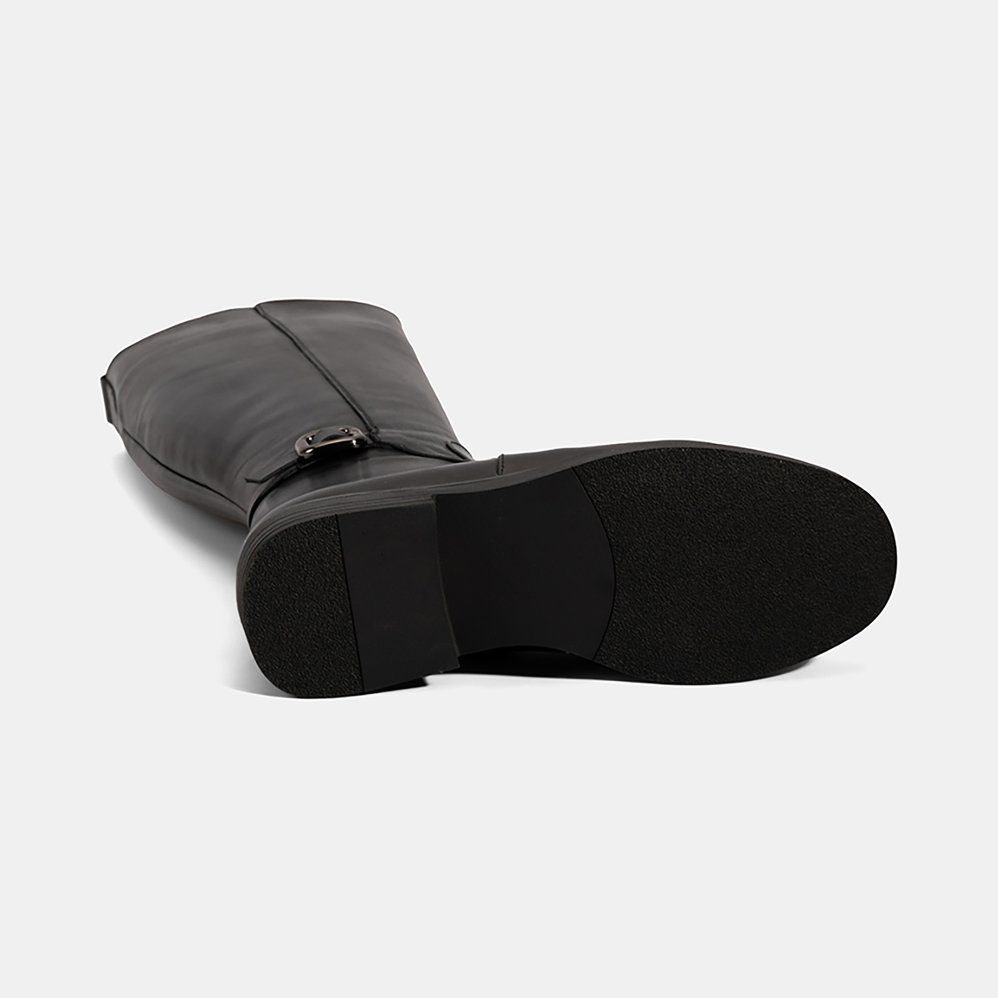 Kadın Siyah Metal Tokalı Kalın Topuklu Deri Çizme