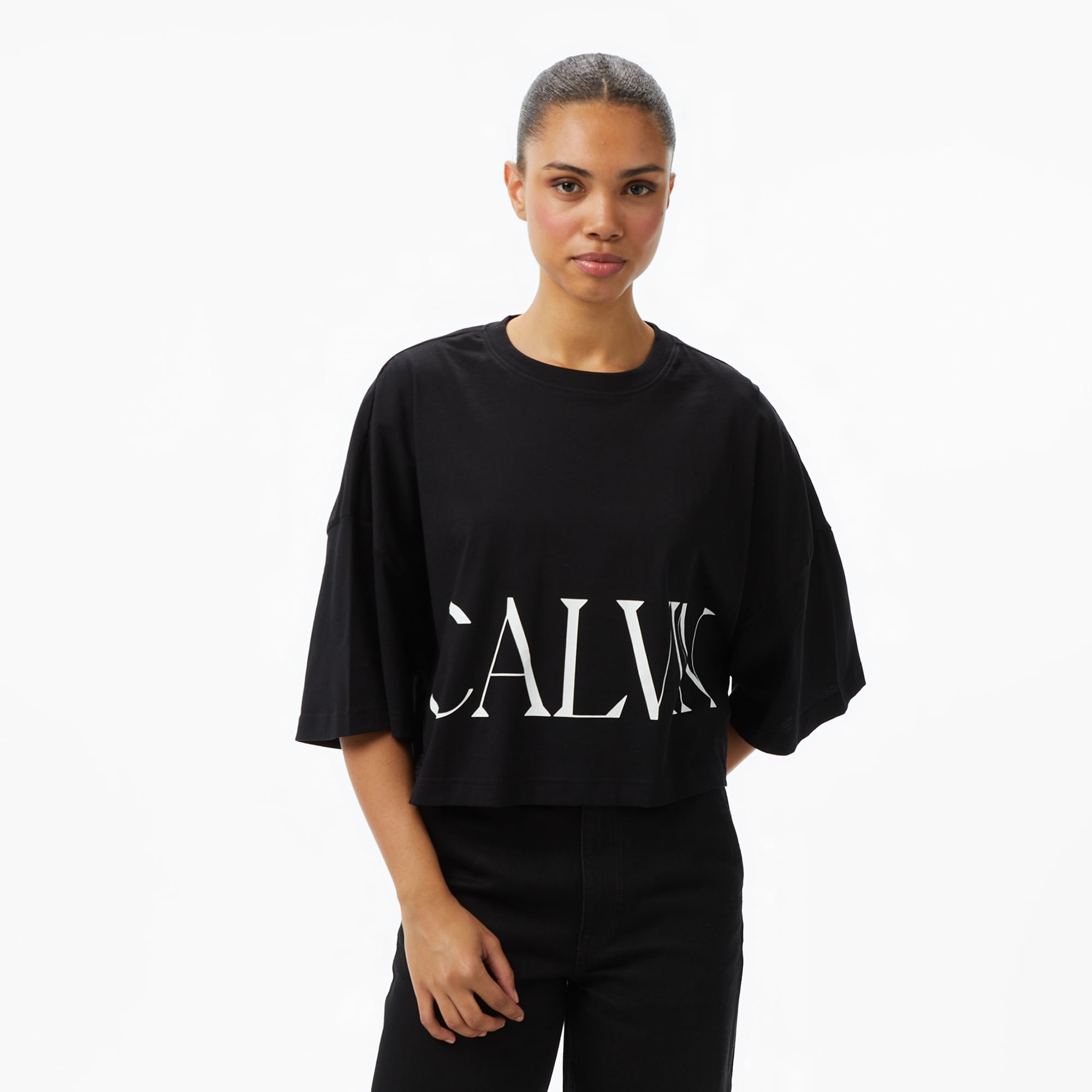  Calvin Klein Cropped Graphic Kadın Siyah T-Shirt