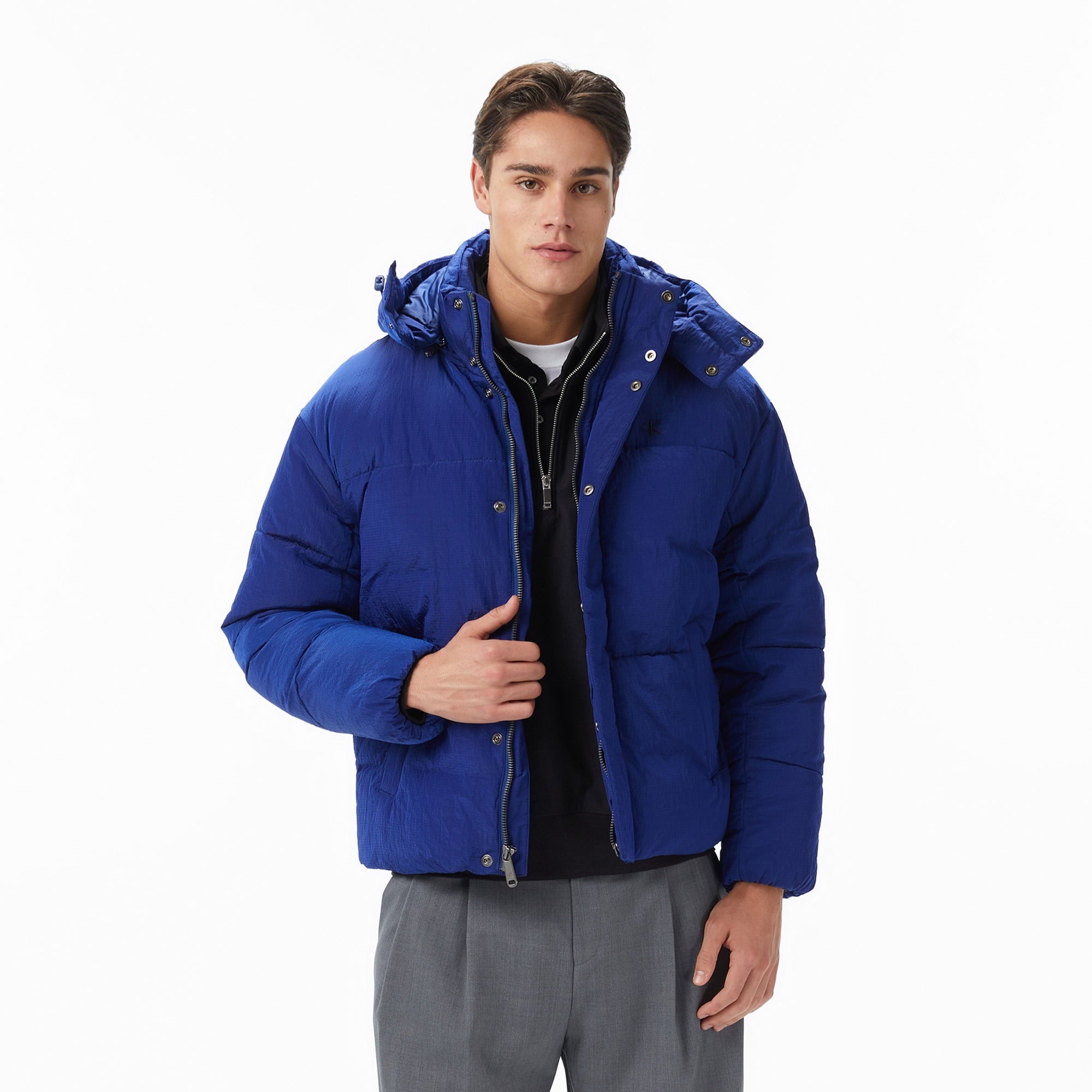 Calvin Klein Ripstop Quilted Logo Hooded Erkek Mavi Ceket