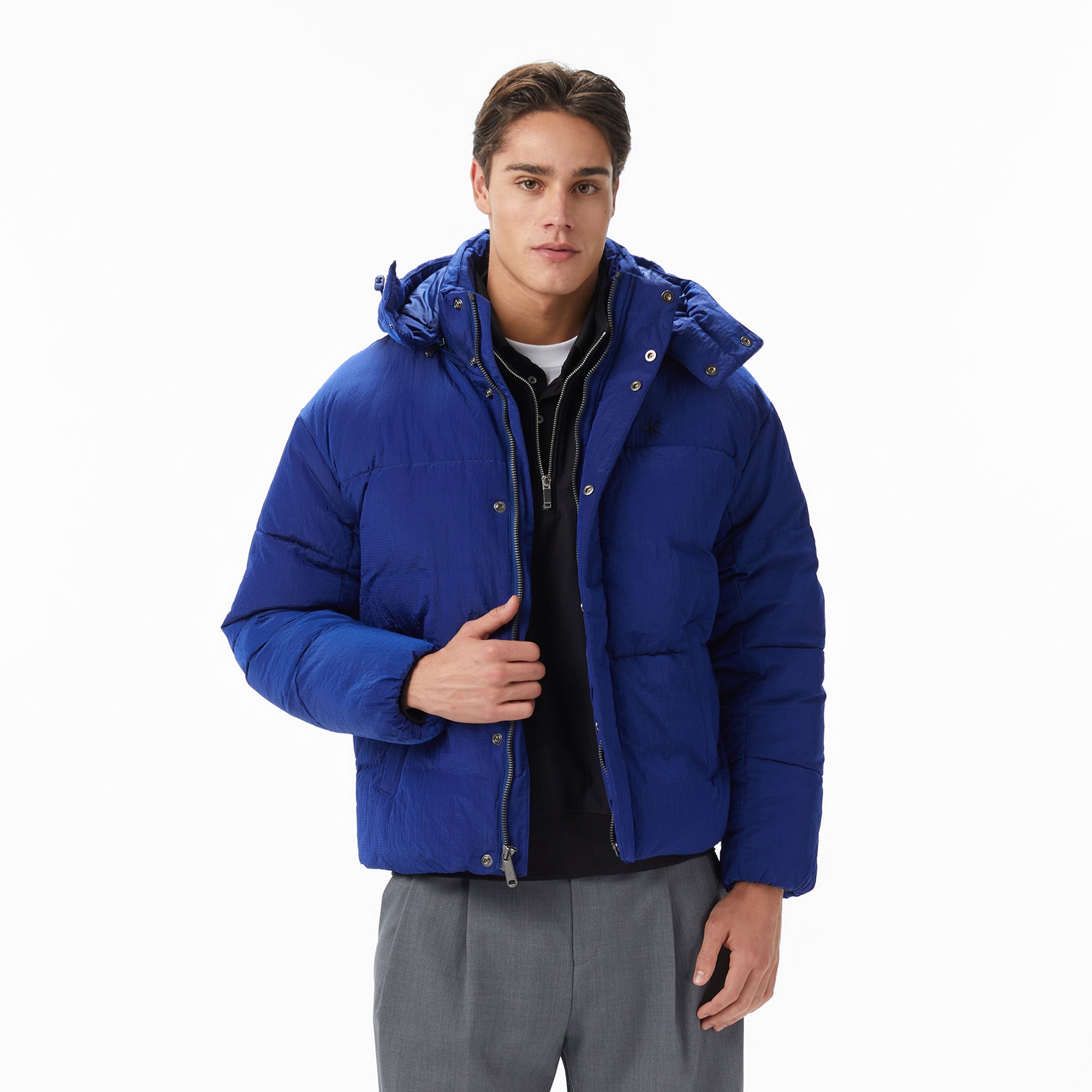  Calvin Klein Ripstop Quilted Logo Hooded Erkek Mavi Ceket