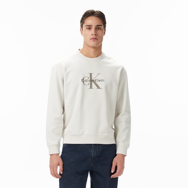  Calvin Klein Terry Monologo Erkek Beyaz Sweatshirt