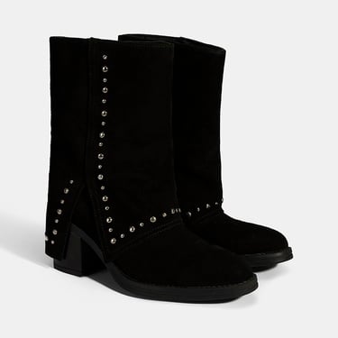  Kadın Siyah Zımba Detaylı Kalın Topuklu Süet Bot