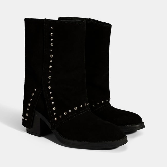  Kadın Siyah Zımba Detaylı Kalın Topuklu Süet Bot